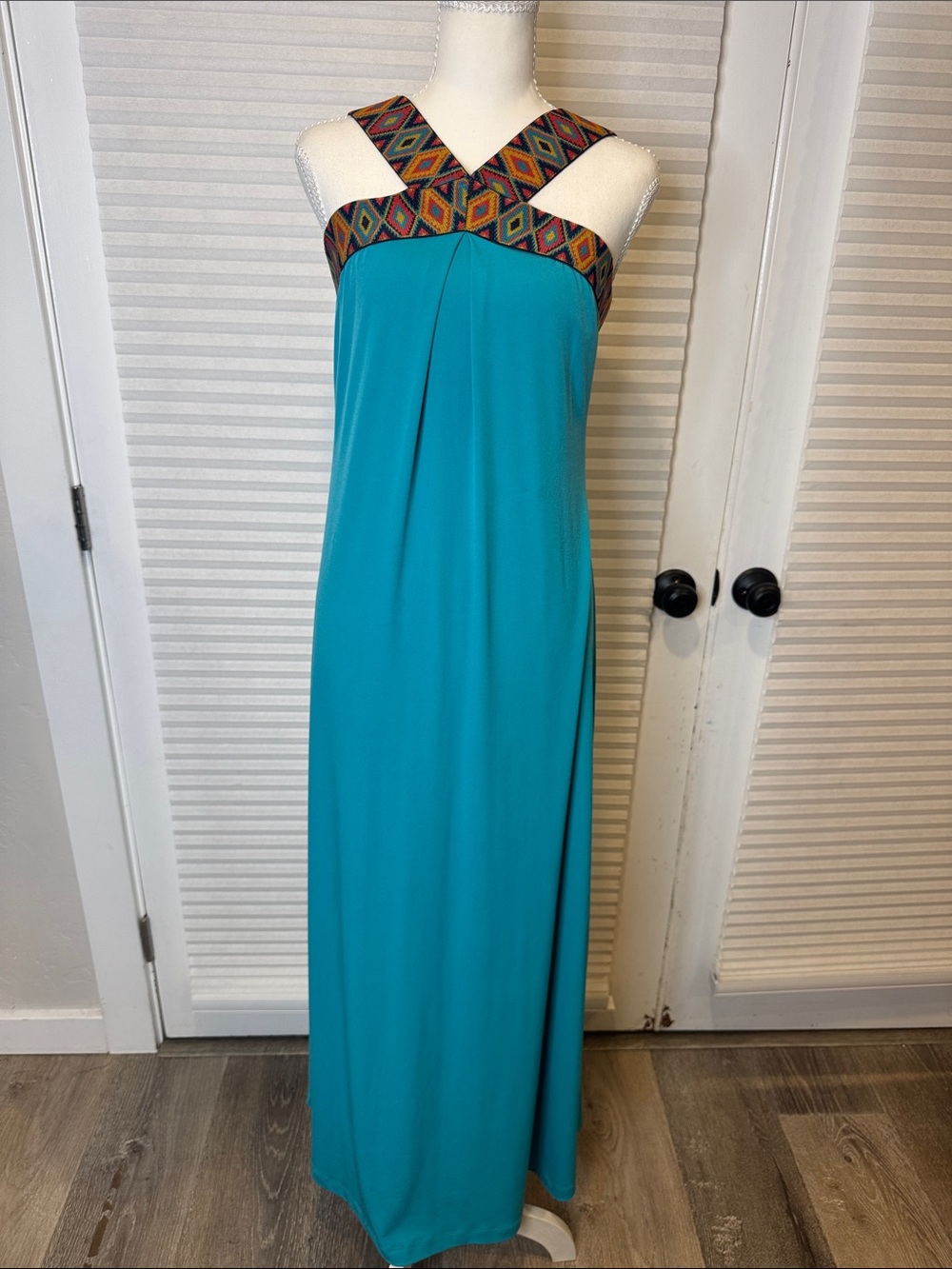 New York & Company Turquoise Maxi Dress with Multicolor Geometric Straps RG